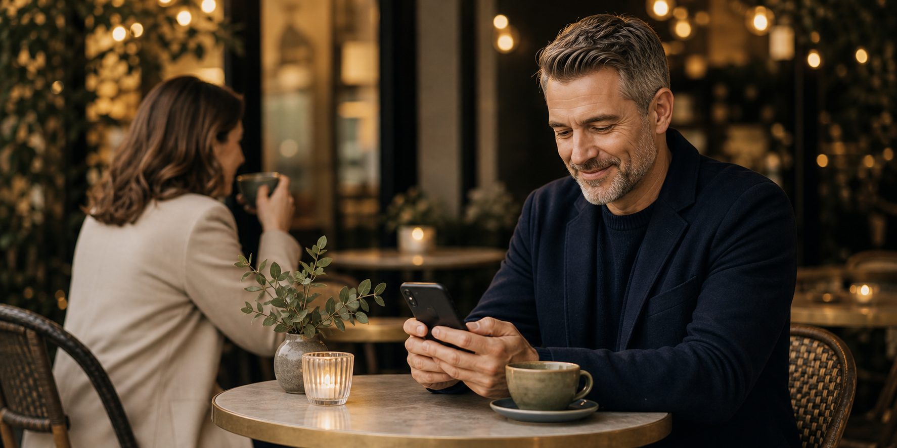Original realistic editorial image of a mature adult using a phone during a relaxed cafe dating moment