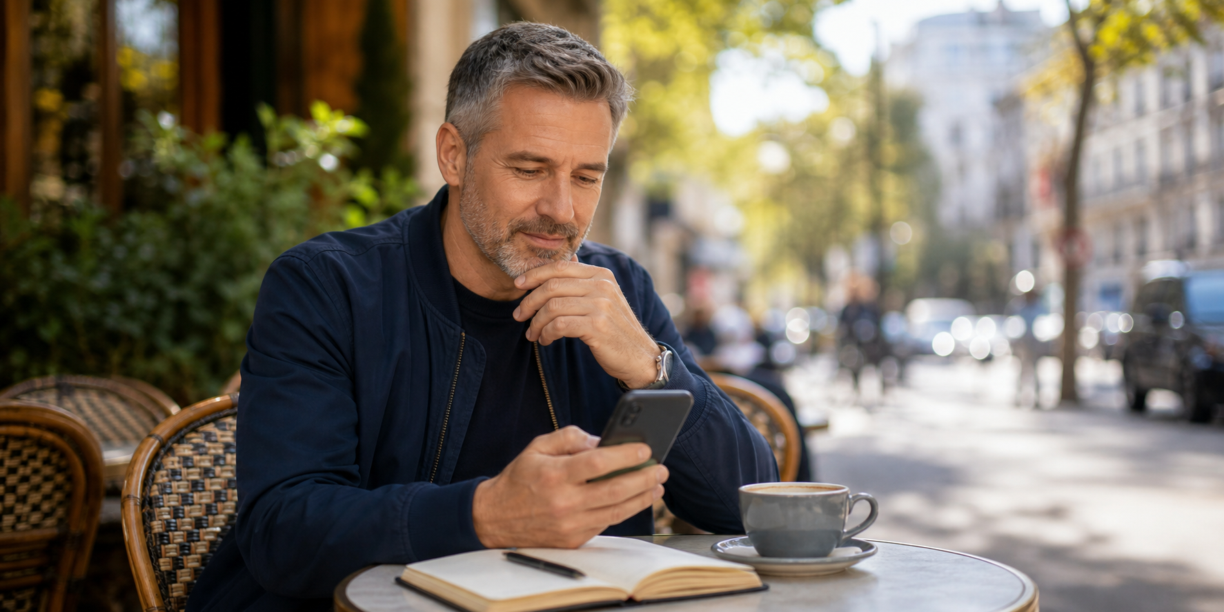 Mature adult checking dating membership details on a phone at an outdoor cafe