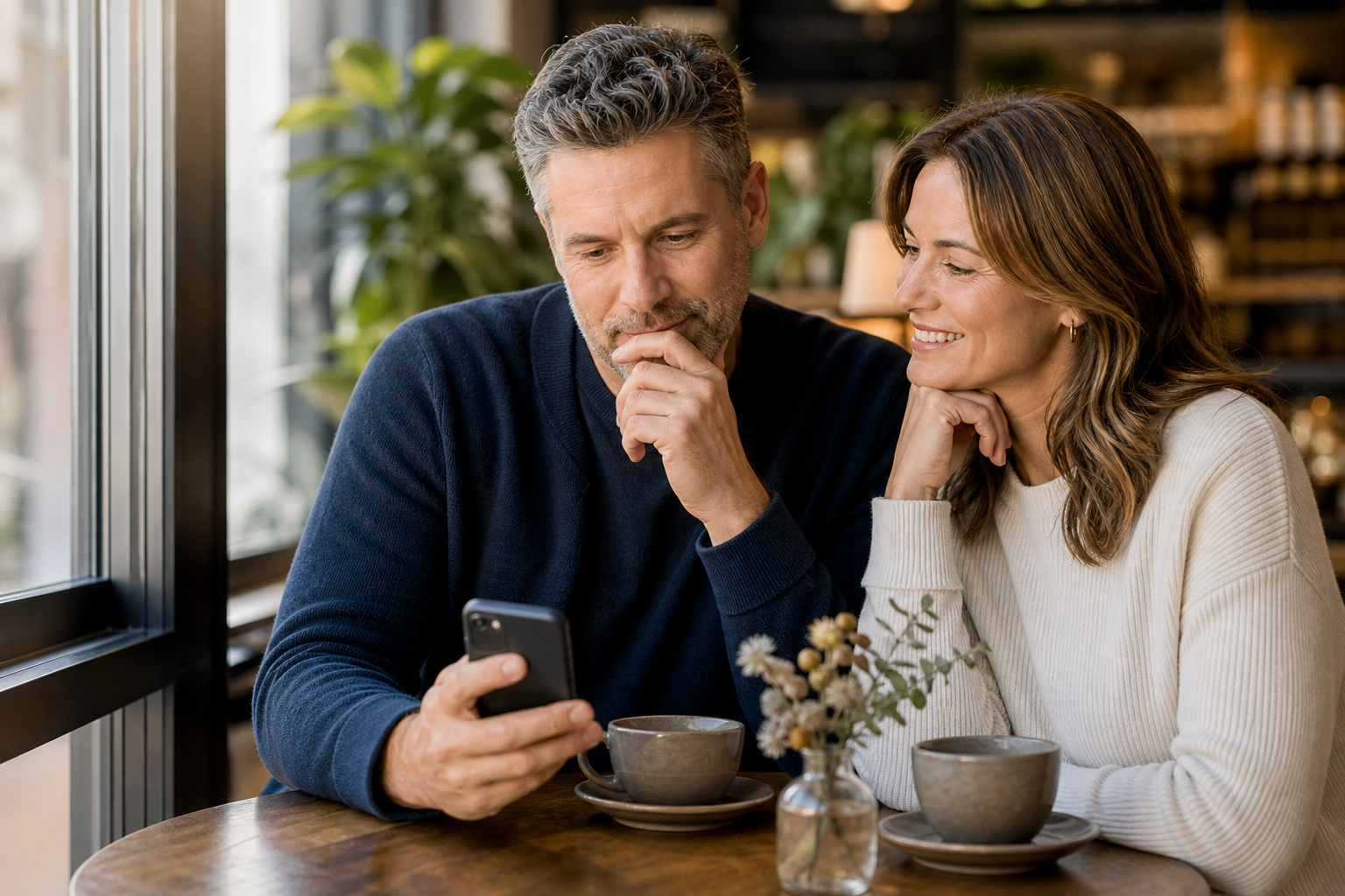 Mature adults reviewing a dating profile on a phone in a warm cafe setting