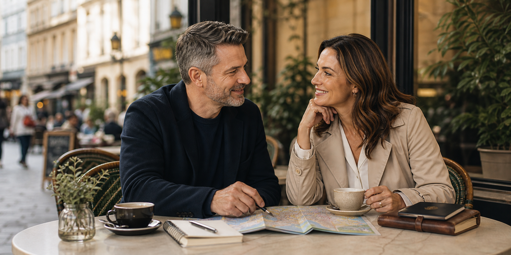Original realistic editorial image of mature adults discussing travel and dating in an urban cafe