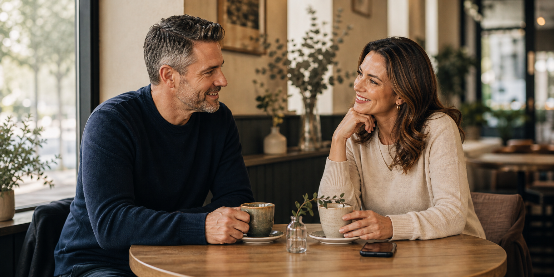 Original realistic editorial image of mature adults having a relaxed cafe date conversation